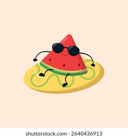Cartoon illustration of a watermelon slice wearing sunglasses, sitting on a yellow pool float. The watermelon slice has a cheerful expression and is depicted in a flat, simple design style.