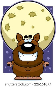 A cartoon illustration of a werewolf looking at a full moon.