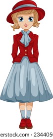 A cartoon illustration of a Western girl wearing a vintage Victorian outfit