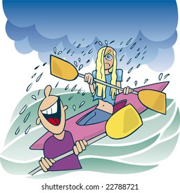 cartoon illustration of wet angry blonde girl in kayak, bad rainy weather and boy laughing