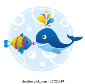 Cartoon illustration with whale and fish