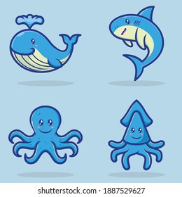 cartoon illustration of a whale, shark, octopus and squid.