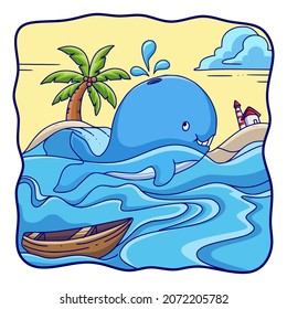 cartoon illustration Whale swims in the sea and spouts water from above his head