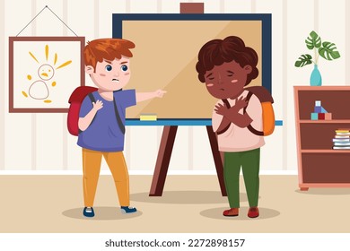 Cartoon illustration of a with white boy accusing a black boy in classroom background. Racism, bullying, aggression, behaviour, discrimination concept illustration. 