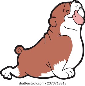 ilustración de un bulldog inglés blanco y marrón, con la lengua pegada, los ojos cerrados en posición de picar, muy feliz