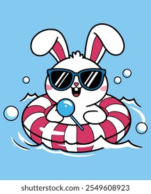 a cartoon illustration of a white bunny with pink ears and sunglasses