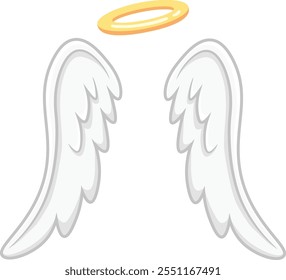 Cartoon illustration of white feathered angel wings with golden halo hovering above, representing purity, spirituality, and divine presence