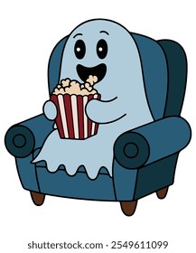 Una ilustración de dibujos animados de un fantasma blanco sentado en un sillón azul.