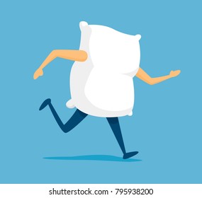 Cartoon illustration of white pillow on the run to sleep