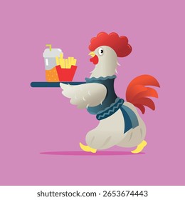  A cartoon illustration of a white rooster character, dressed in a blue uniform, walking and holding a tray with a cup of soda and a box of french fries. 