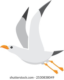 Cartoon illustration of a white seagull flying with its wings spread, showing its full wingspan. Perfect for projects related to nature, birds, and wildlife