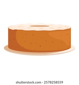 Cartoon illustration of a whole round cake with icing resting on a plate, representing concepts of baking and dessert