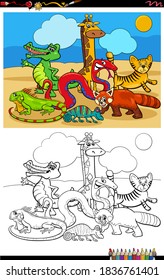 Cartoon Illustration of Wild Animal Characters Group Coloring Book Page