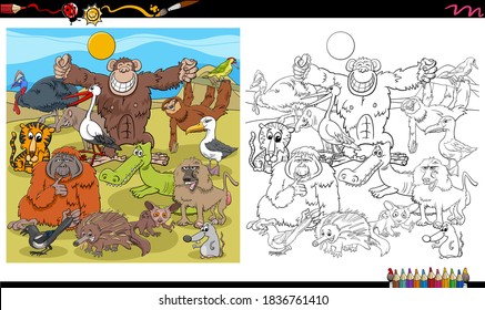 Cartoon Illustration of Wild Animal Characters Group Coloring Book Page