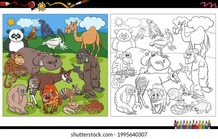 Cartoon illustration of wild animal characters group coloring book page