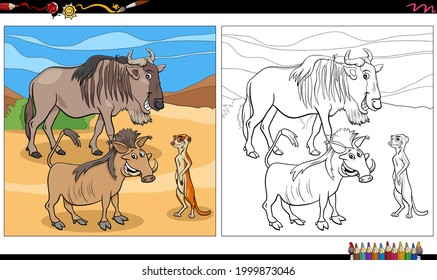 Cartoon illustration of wild animal characters group coloring book page