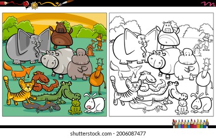 Cartoon illustration of wild animal characters group coloring book page