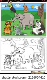 Cartoon illustration of wild animal characters group coloring book page