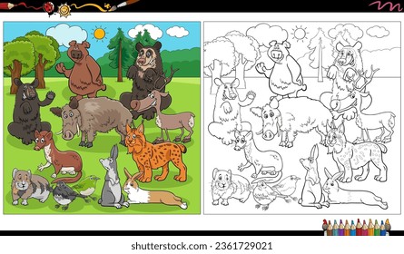 Cartoon illustration of wild animal characters group coloring page