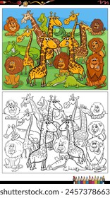 Cartoon illustration of wild animal characters coloring page