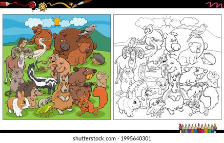 Cartoon illustration of wild animal comic characters group coloring book page