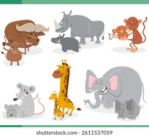 Cartoon illustration of wild animals characters set with their children