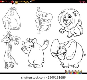 Cartoon illustration of wild animals comic characters set coloring page