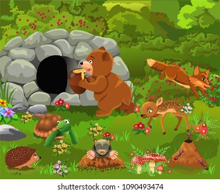 Cartoon-Illustration von Wildtieren wie Bär, Hirsch, Fuchsschildkröte 