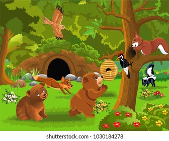 cartoon illustration of wild animals living in the forest