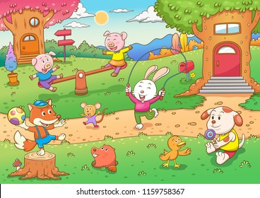 cartoon illustration of wild animals living in the tree house, tree hollow,simple Gradients, no Effects, no mesh, no Transparencies.All in separate group for easy editing.