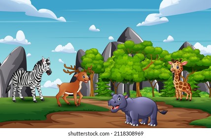 Cartoon illustration of wild animals playing in savanna