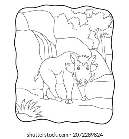 cartoon illustration wild boar walking in the forest book or page for kids black and white