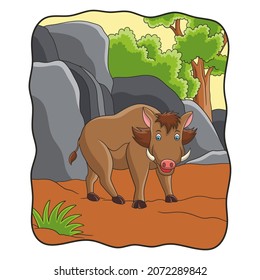 cartoon illustration wild boar walking in the forest