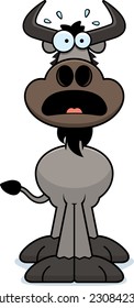 A cartoon illustration of a wildebeest looking scared.