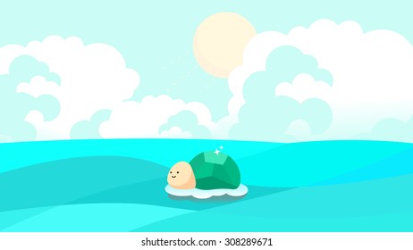 Cartoon illustration of a wildlife animal green turtle basking in the sun, sunbathing, tanning. Enjoy wonderful summer weather. Outdoor nature scene background. Sunlight, cloud, ocean clip arts.