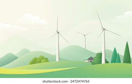 a cartoon illustration of wind turbines in a green field.