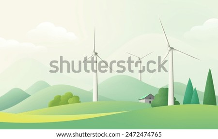 a cartoon illustration of wind turbines in a green field.