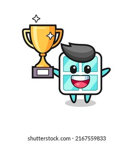 Cartoon Illustration of window is happy holding up the golden trophy , cute style design for t shirt, sticker, logo element