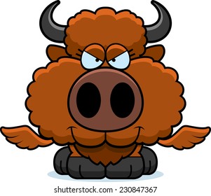A cartoon illustration of a winged buffalo with a sly expression.