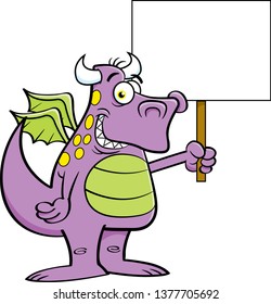 Cartoon illustration of a winged dragon holding a sign.