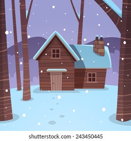 Cartoon illustration of the winter forest landscape with wooden cabin. 