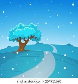 The cartoon illustration of the winter landscape with country road.