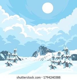 Cartoon illustration of winter landscape with fir trees anf mountains