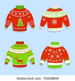 cartoon illustration - winter warm sweaters with prints with deer, tree and snowman