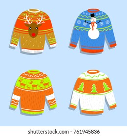 cartoon illustration - winter warm sweaters with prints with deer, tree and snowman