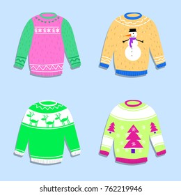 cartoon illustration - winter warm sweaters with prints with deer, tree and snowman