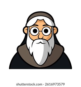 Cartoon illustration of a wise, smiling old man with glasses and a long beard.