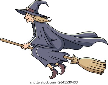 Cartoon illustration of a witch flying on a broomstick for Halloween or other events