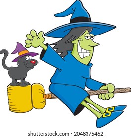 Cartoon illustration of a witch riding a broom with a cat while she is waving.