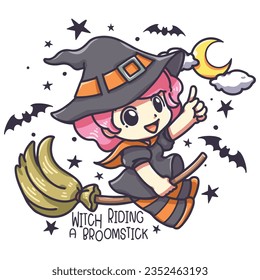 Cartoon illustration of A witch riding a broom floating in the sky. These cute cartoon file are perfect for T-shirts, phone cases, bags, mugs, stickers, tumblers.